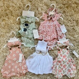 SUMMER BUNDLE🩷 Floral Kids Romper Set - Pink, Green, White